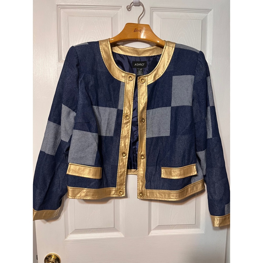 Ashro Blue Denim Patchwork Checkerboard Skirt Suit Set Gold Metallic Trim 20W